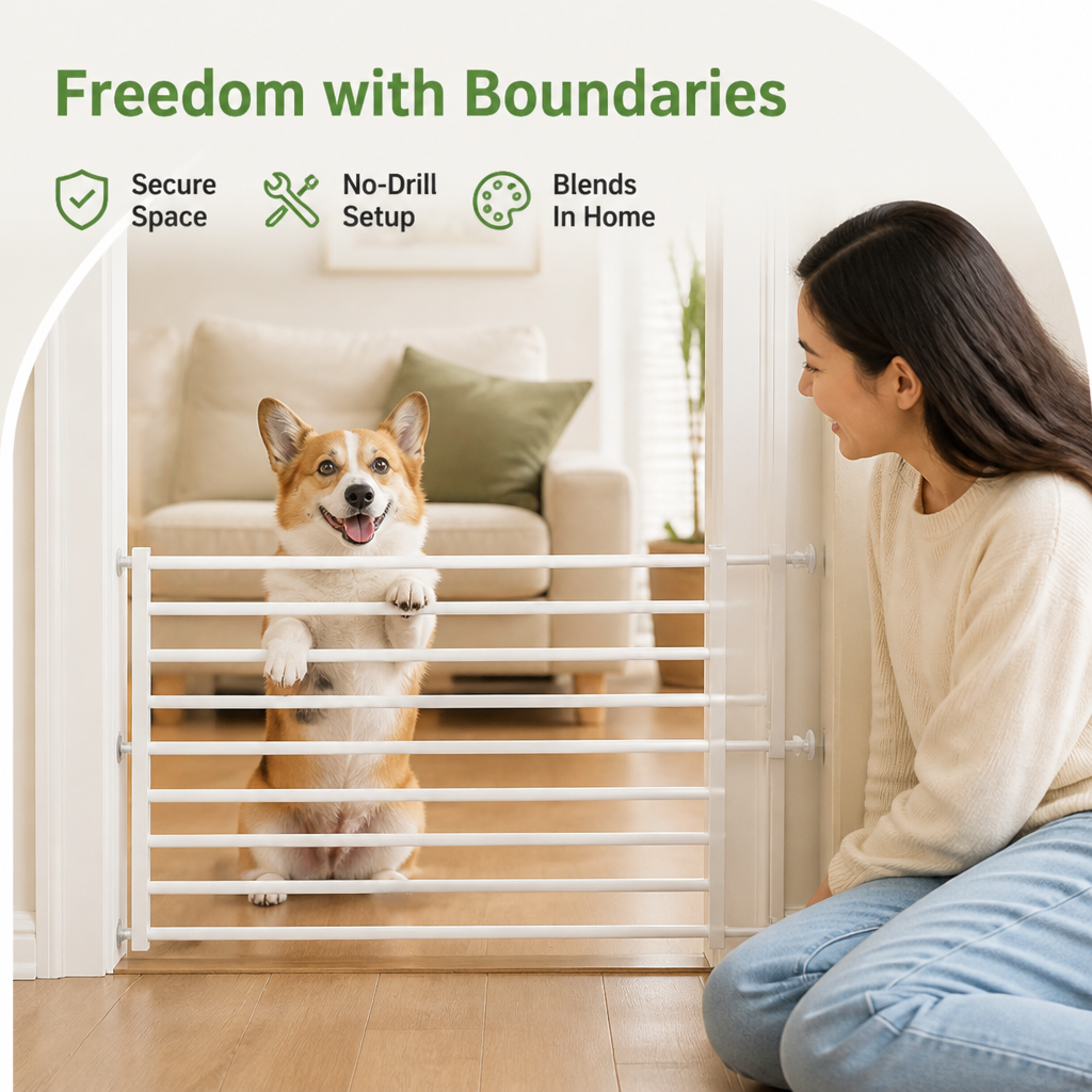 DogBedHouse Titanium Steel Retractable No-Drill Indoor Dog Gate