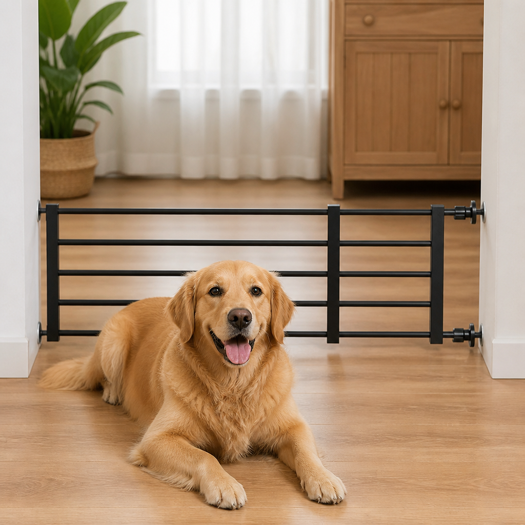 DogBedHouse Titanium Steel Retractable No-Drill Indoor Dog Gate