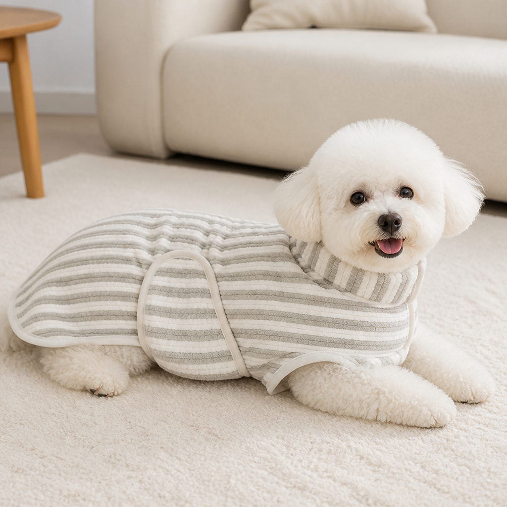 DogBedHouse Ultra-Absorbent Quick-Dry Dog Bathrobe (Button Collar & Hook-and-Loop Waist)