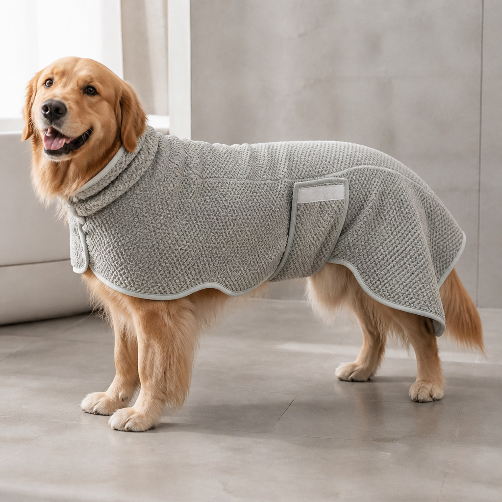 DogBedHouse Ultra-Absorbent Quick-Dry Dog Bathrobe (Button Collar & Hook-and-Loop Waist)