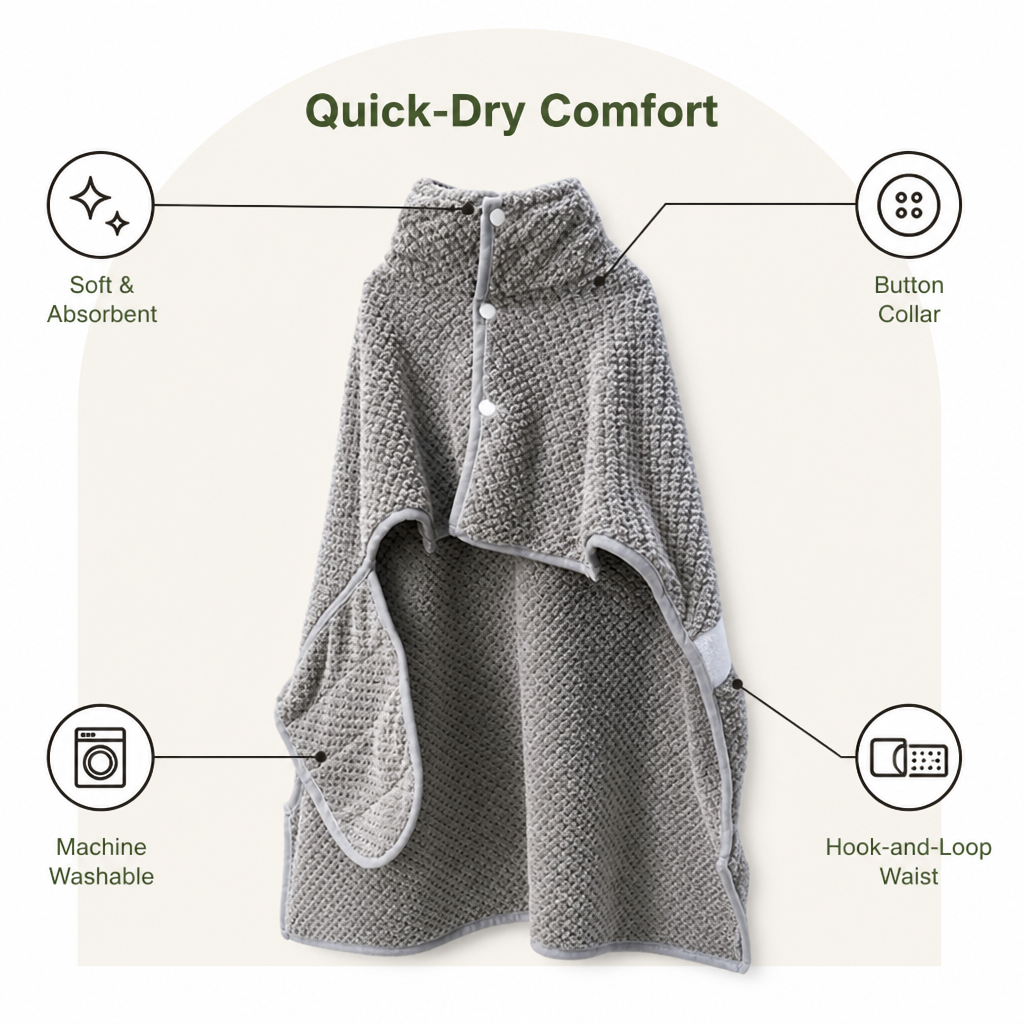 DogBedHouse Ultra-Absorbent Quick-Dry Dog Bathrobe (Button Collar & Hook-and-Loop Waist)