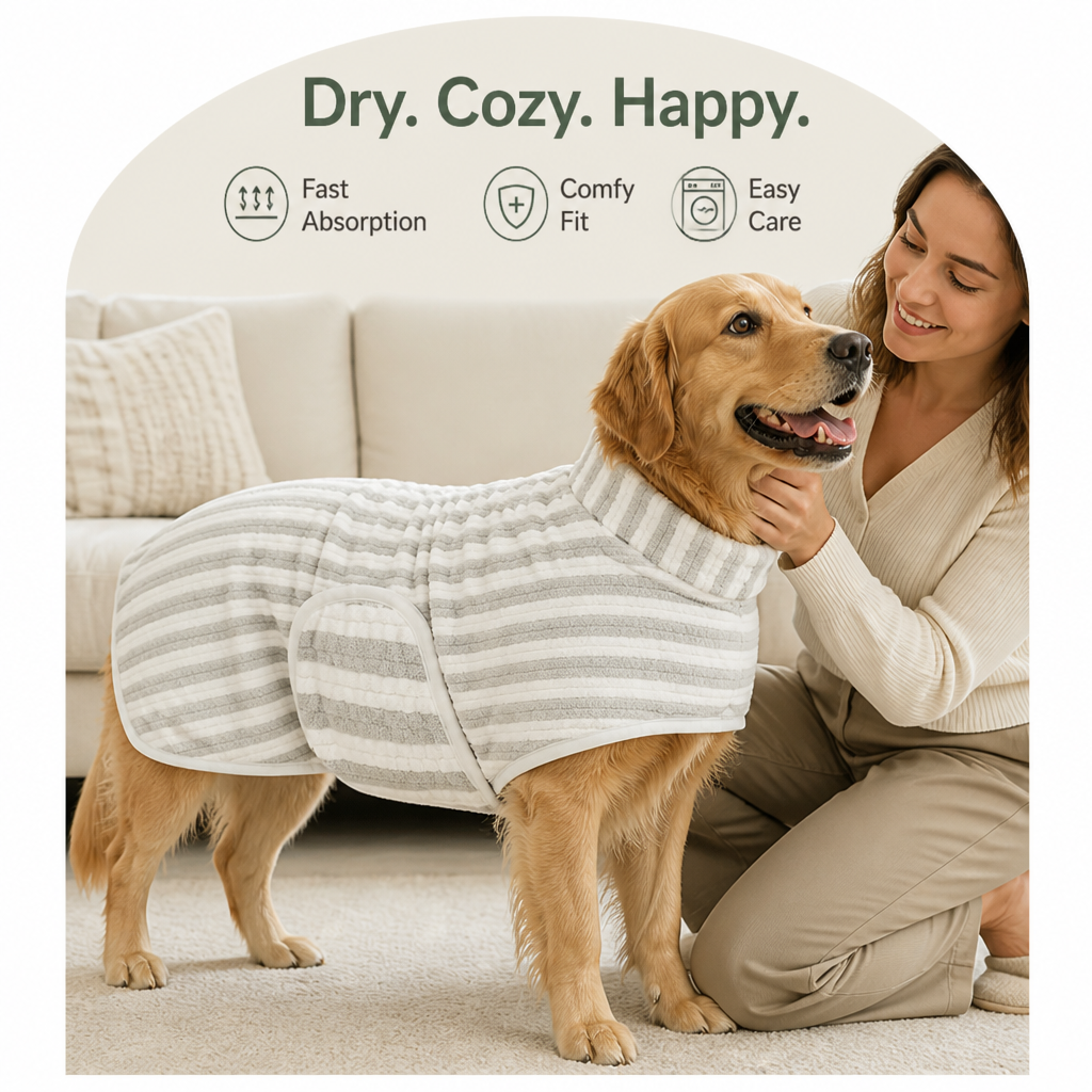 DogBedHouse Ultra-Absorbent Quick-Dry Dog Bathrobe (Button Collar & Hook-and-Loop Waist)