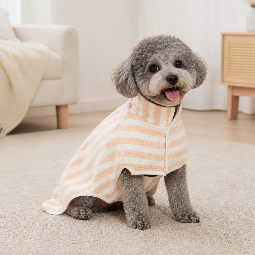 DogBedHouse Ultra-Absorbent Quick-Dry Dog Bathrobe (Button Collar & Hook-and-Loop Waist)