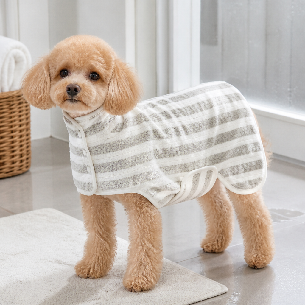 DogBedHouse Ultra-Absorbent Quick-Dry Dog Bathrobe (Button Collar & Hook-and-Loop Waist)