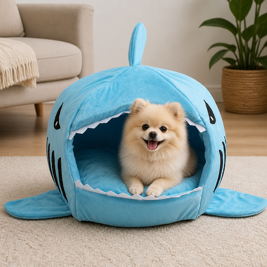 DogBedHouse Warm & Breathable Shark Pet House (Detachable Washable Cushion)