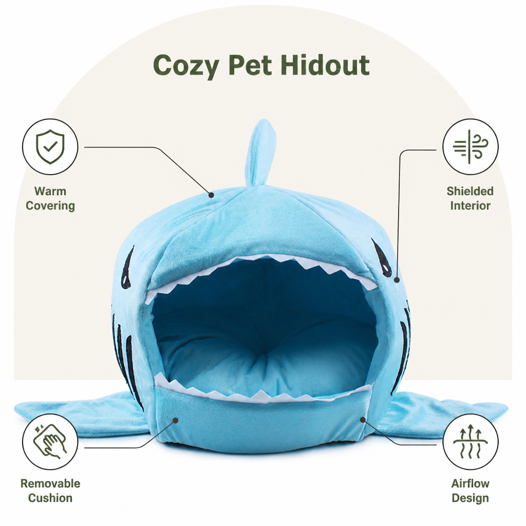DogBedHouse Warm & Breathable Shark Pet House (Detachable Washable Cushion)