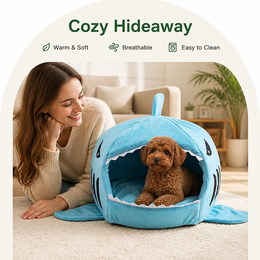 DogBedHouse Warm & Breathable Shark Pet House (Detachable Washable Cushion)