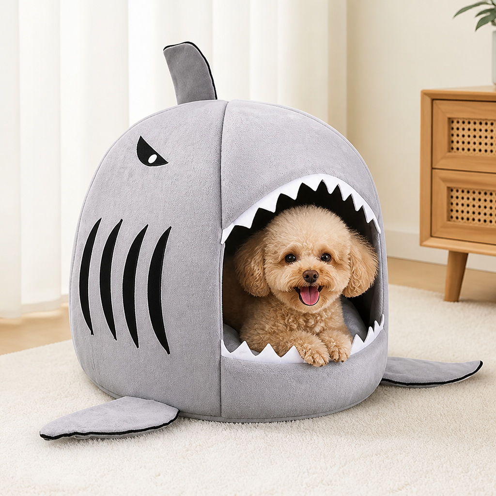 DogBedHouse Warm & Breathable Shark Pet House (Detachable Washable Cushion)