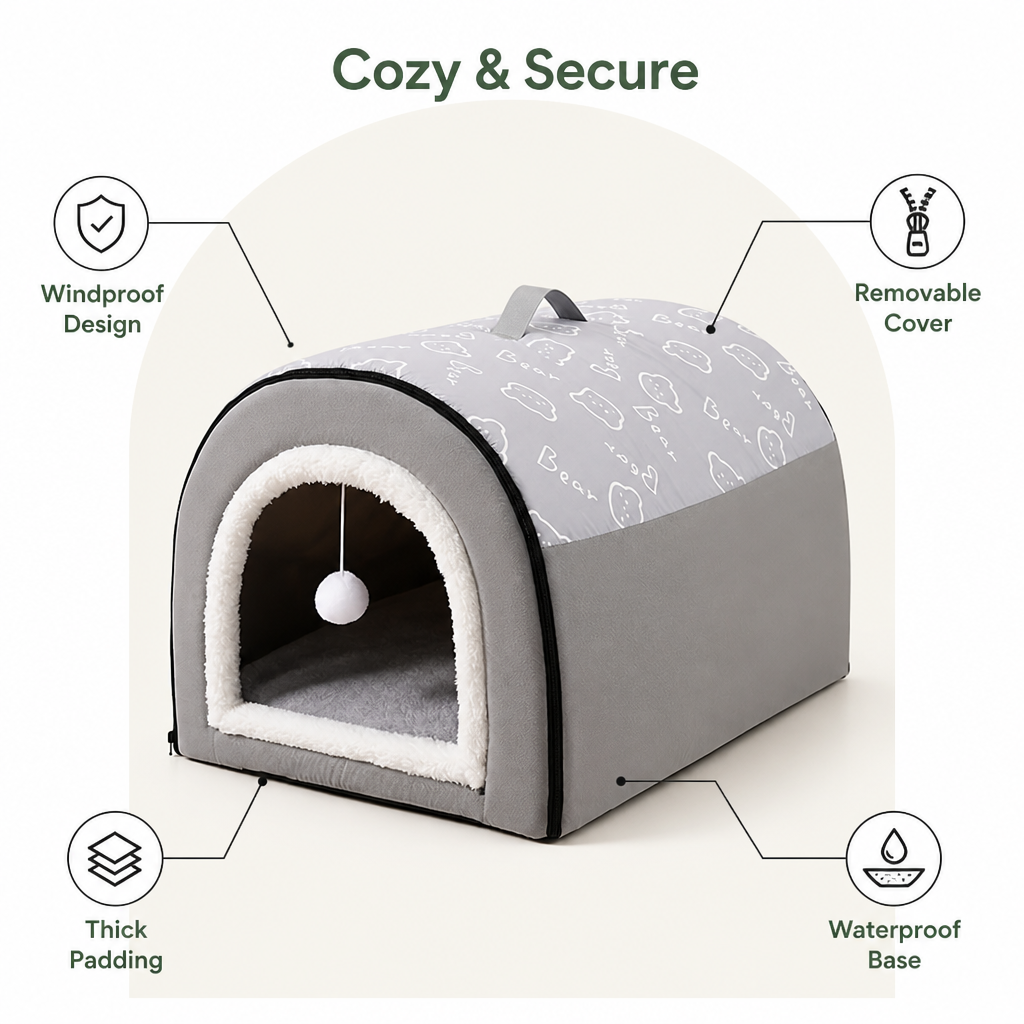 DogBedHouse Warm Hooded & Waterproof Non-Slip Dog Bed (Removable Cover)