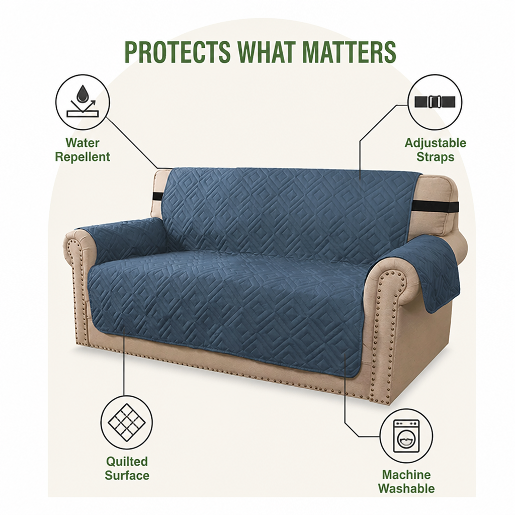 DogBedHouse Water-Repellent Quilted Sofa Cover (Anti-Slip Straps)