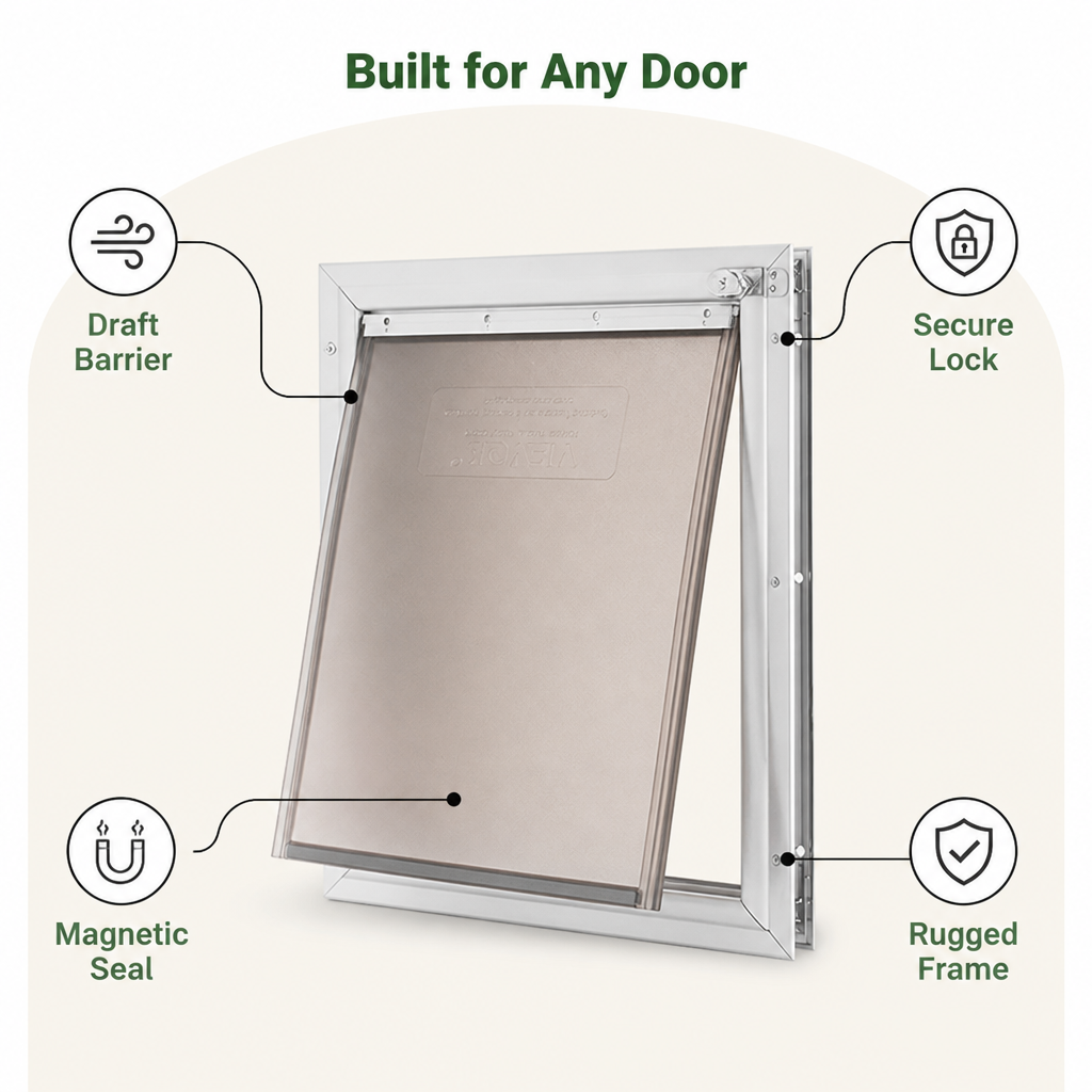 DogBedHouse Weatherproof Aluminum Frame & Magnetic Lock Pet Door (Fits 0.42–2 In Doors)