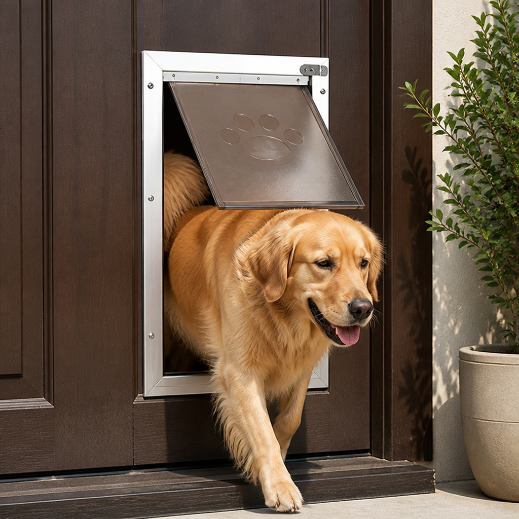 DogBedHouse Weatherproof Aluminum Frame & Magnetic Lock Pet Door (Fits 0.42–2 In Doors)