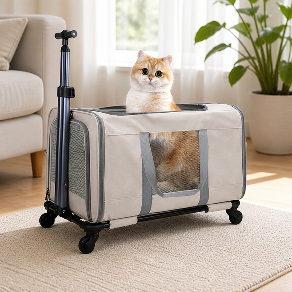 DogBedHouse Wheeled Trolley & Seatbelt-Secured Cat Carrier (Removable Stand)