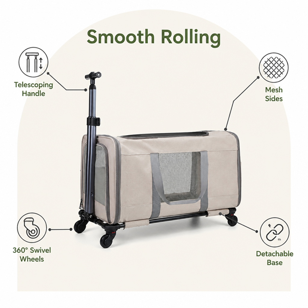 DogBedHouse Wheeled Trolley & Seatbelt-Secured Cat Carrier (Removable Stand)