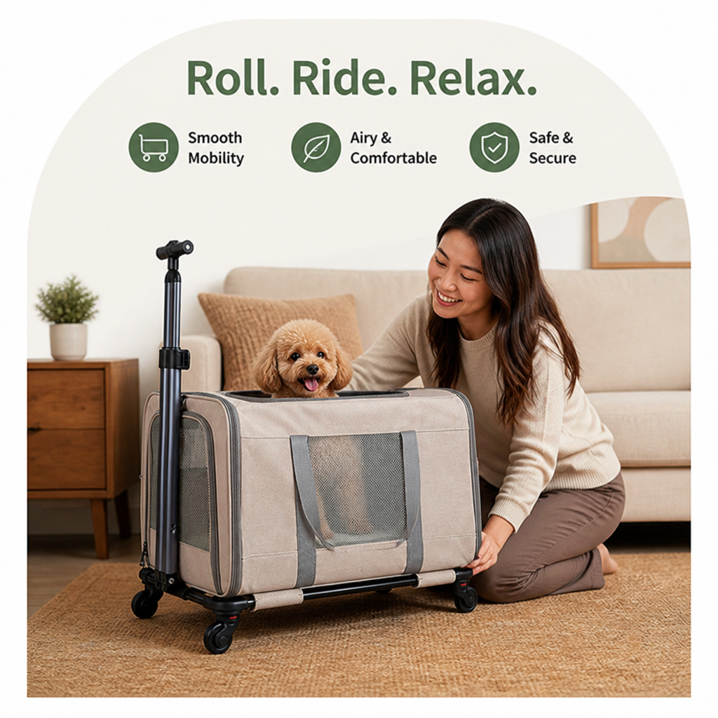 DogBedHouse Wheeled Trolley & Seatbelt-Secured Cat Carrier (Removable Stand)