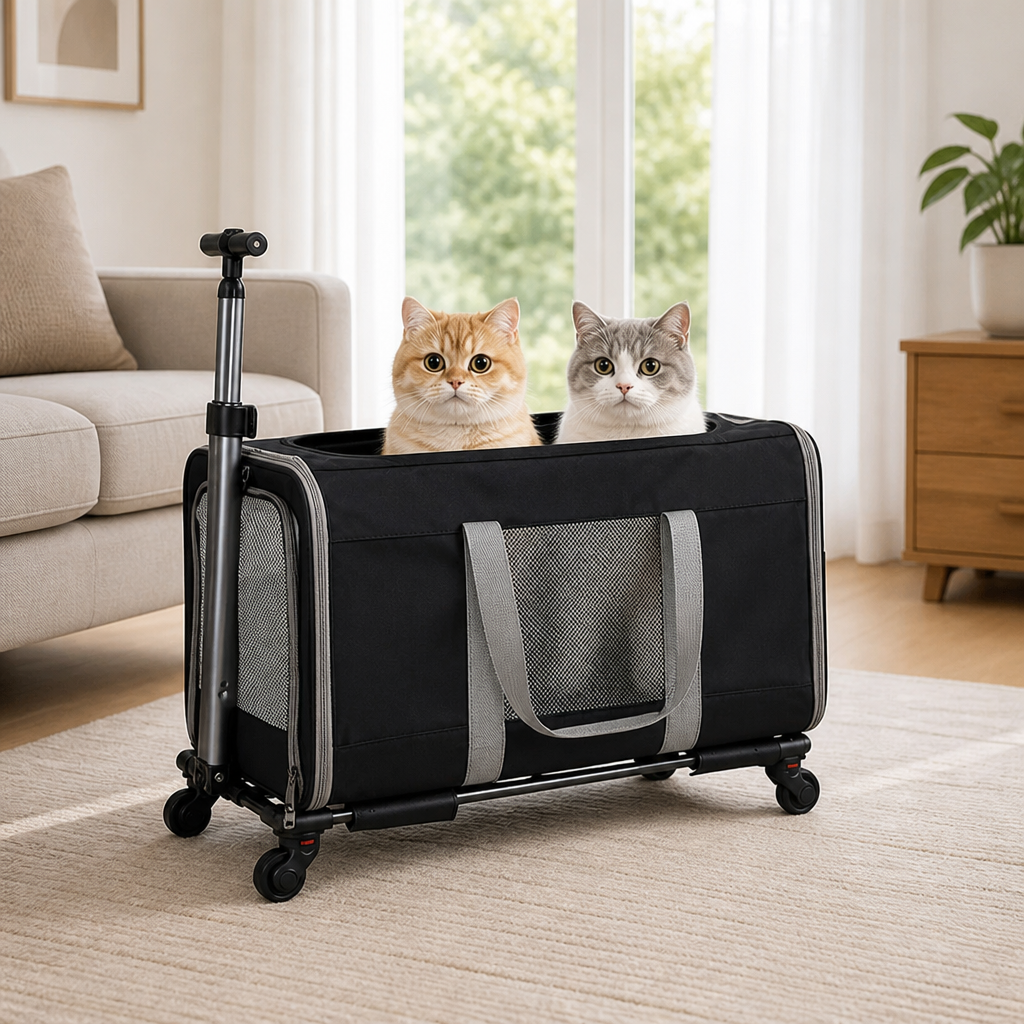 DogBedHouse Wheeled Trolley & Seatbelt-Secured Cat Carrier (Removable Stand)