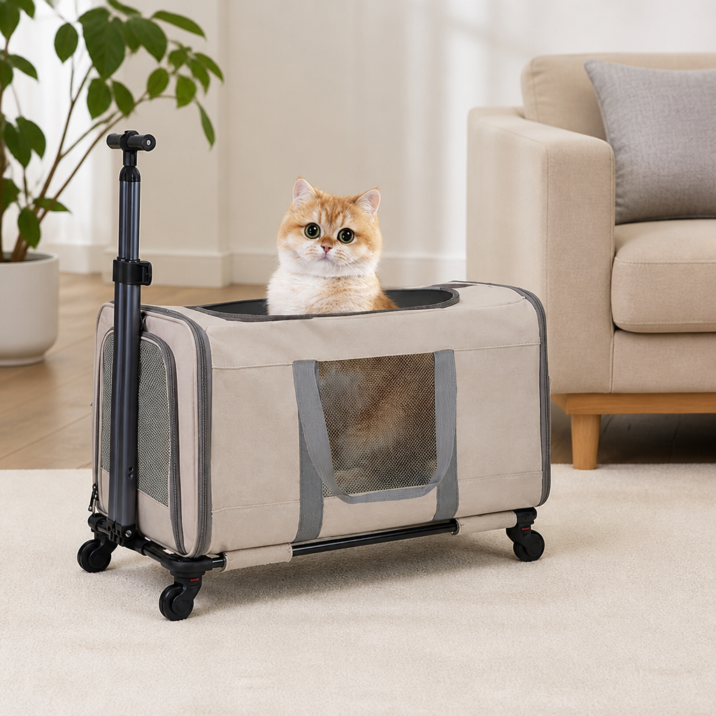 DogBedHouse Wheeled Trolley & Seatbelt-Secured Cat Carrier (Removable Stand)
