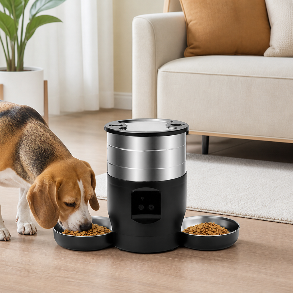DogBedHouse WiFi & Button Programmable Pet Feeder (4L, Stainless Bowls)