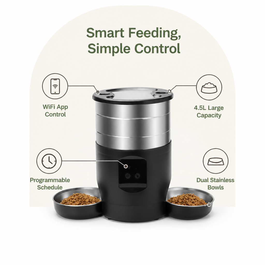 DogBedHouse WiFi & Button Programmable Pet Feeder (4L, Stainless Bowls)