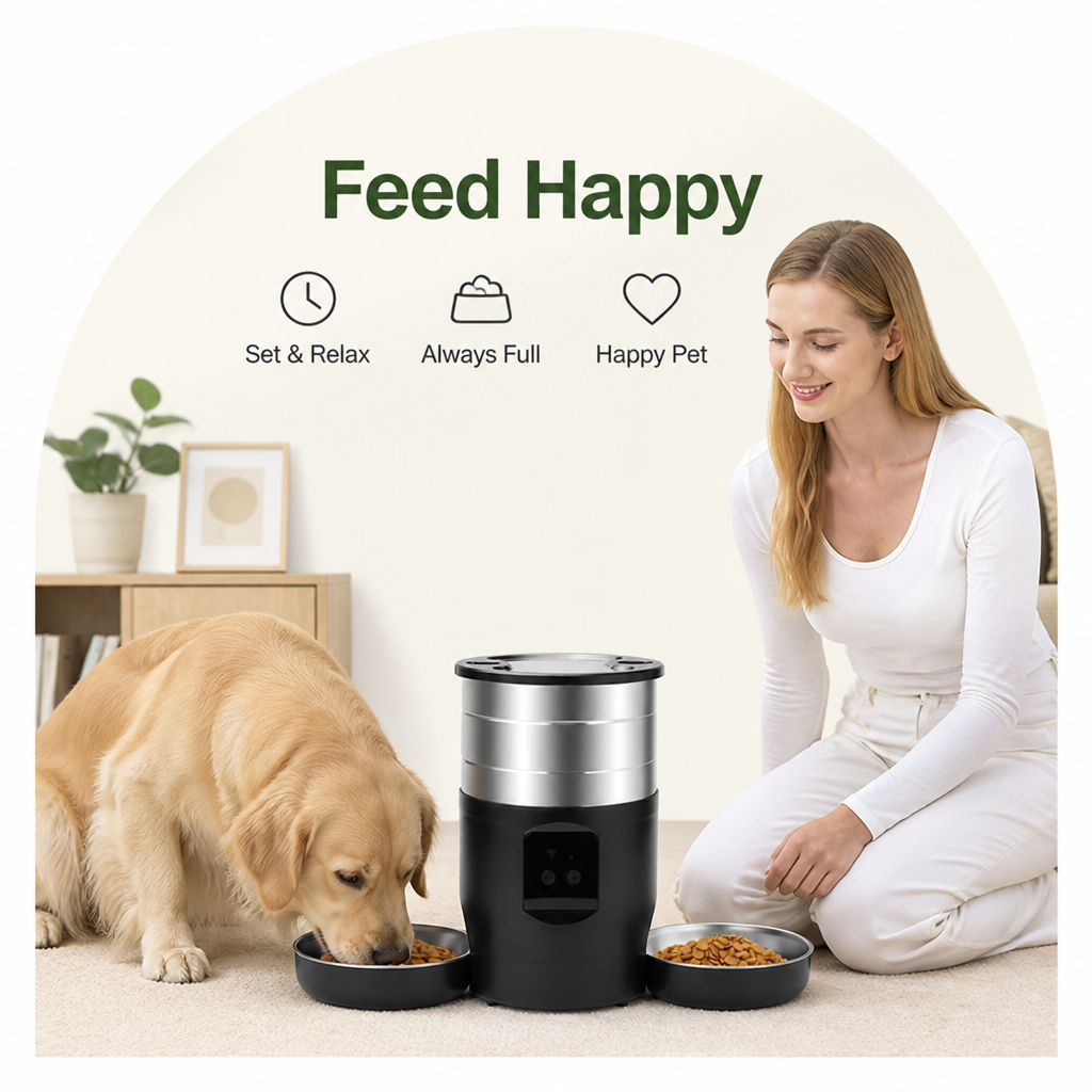 DogBedHouse WiFi & Button Programmable Pet Feeder (4L, Stainless Bowls)
