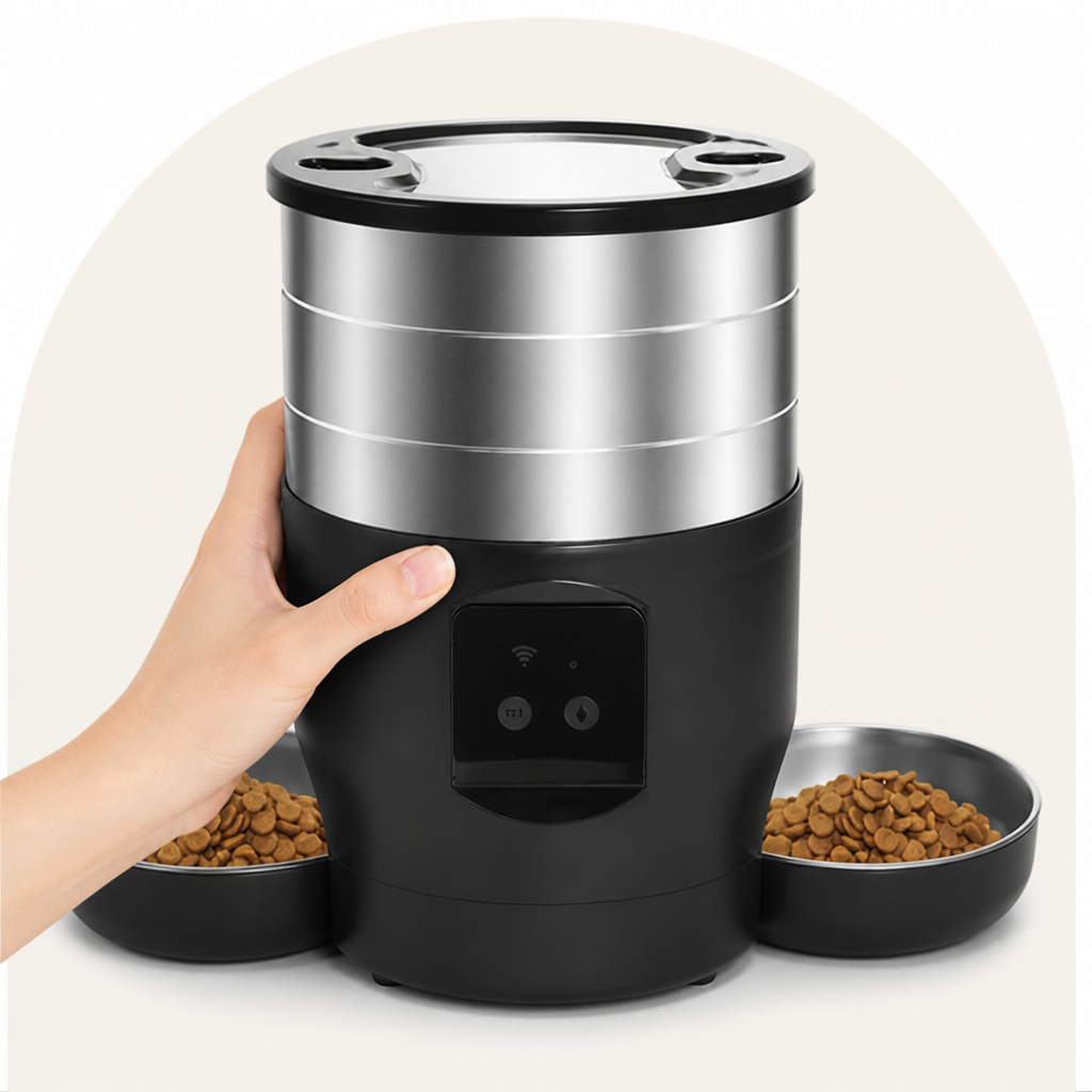 DogBedHouse WiFi & Button Programmable Pet Feeder (4L, Stainless Bowls)