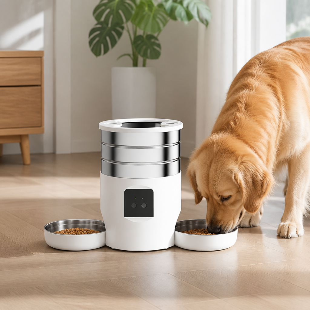 DogBedHouse WiFi & Button Programmable Pet Feeder (4L, Stainless Bowls)