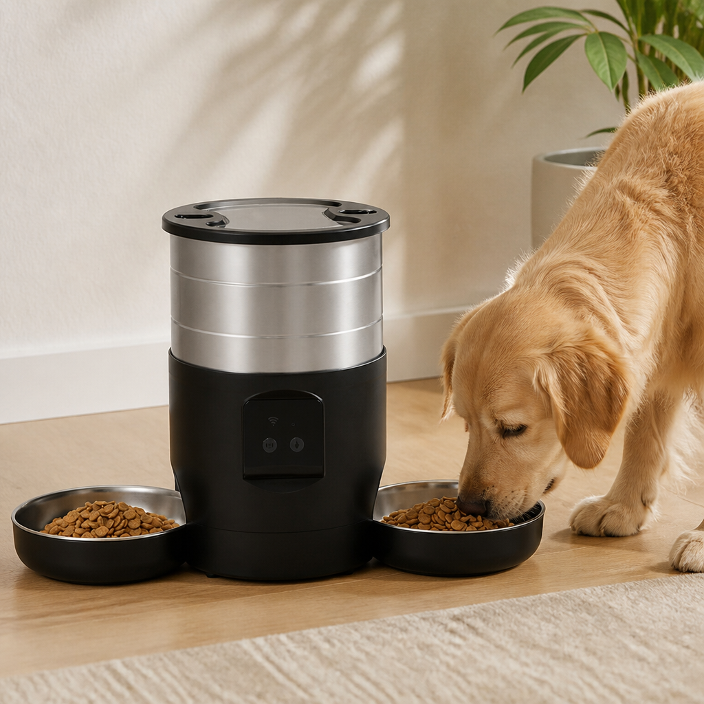 DogBedHouse WiFi & Button Programmable Pet Feeder (4L, Stainless Bowls)