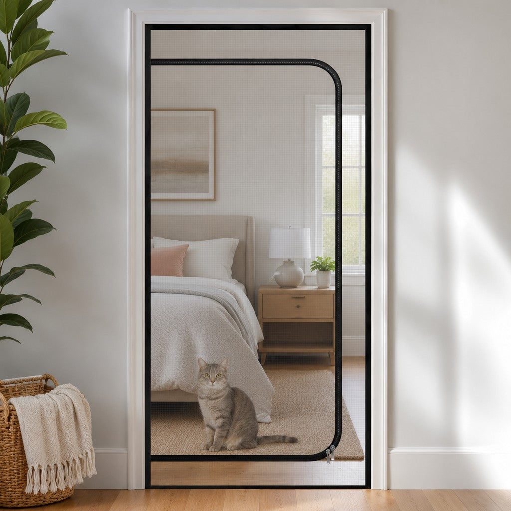 Fine-Grid Dual-Zipper Pet Mesh Door (No-Drill Install)