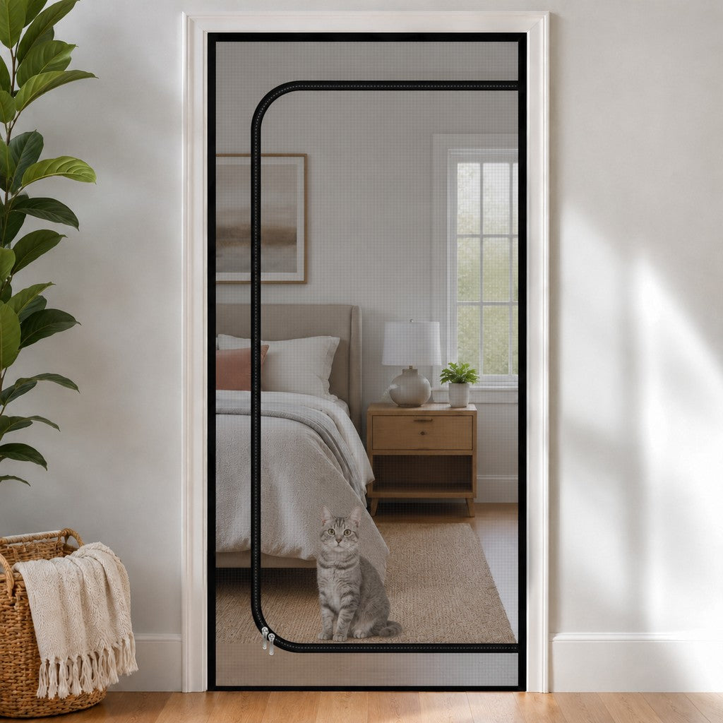 Fine-Grid Dual-Zipper Pet Mesh Door (No-Drill Install)
