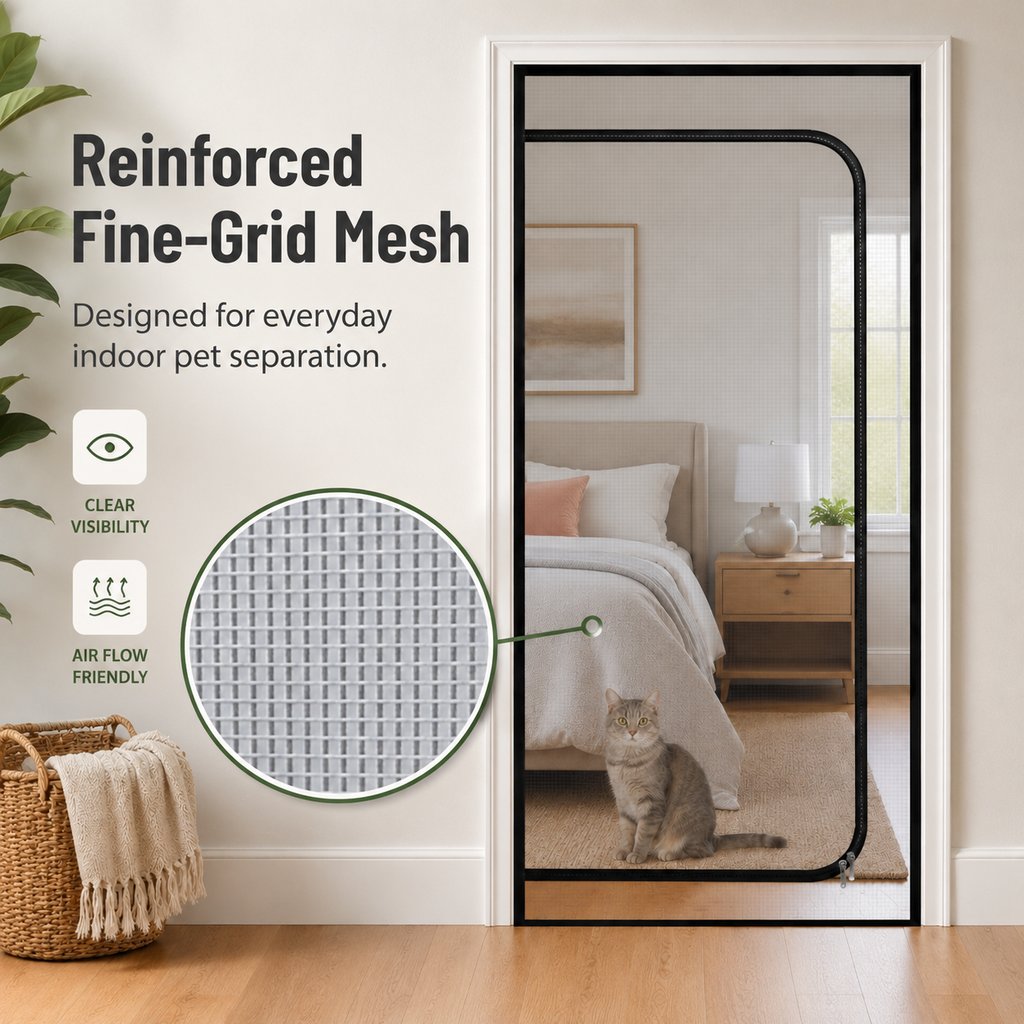 Fine-Grid Dual-Zipper Pet Mesh Door (No-Drill Install)