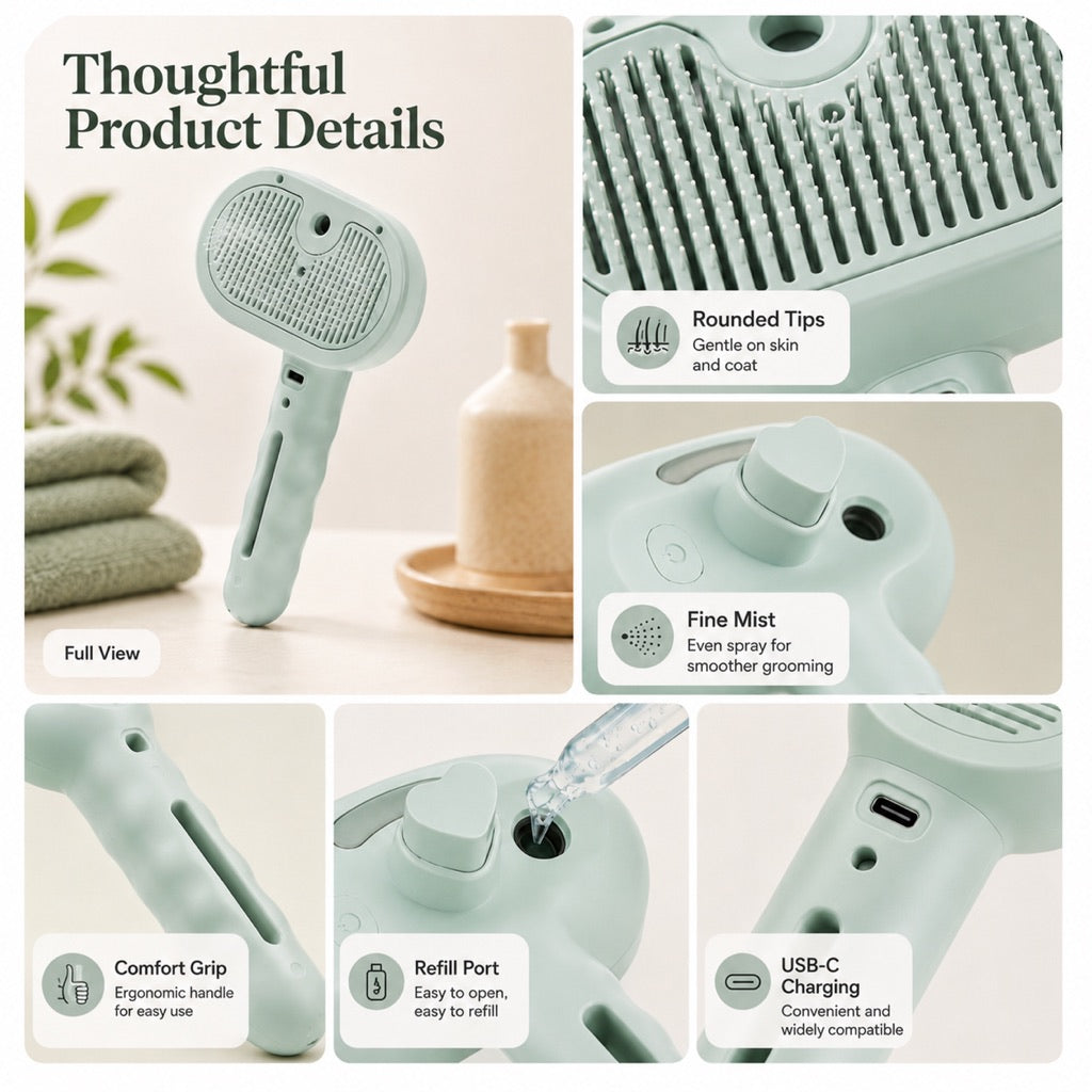 Fine-Mist Spray & One-Click Hair Release Pet Grooming Brush