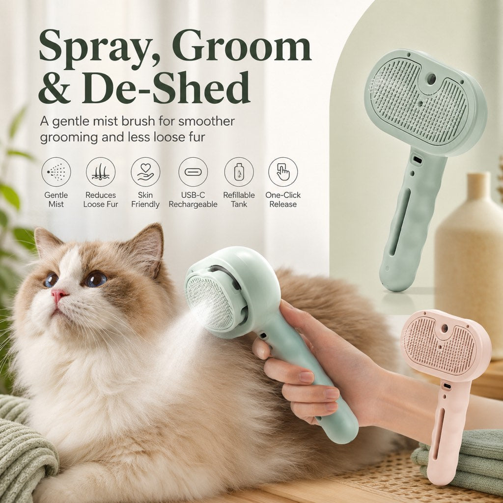 Fine-Mist Spray & One-Click Hair Release Pet Grooming Brush