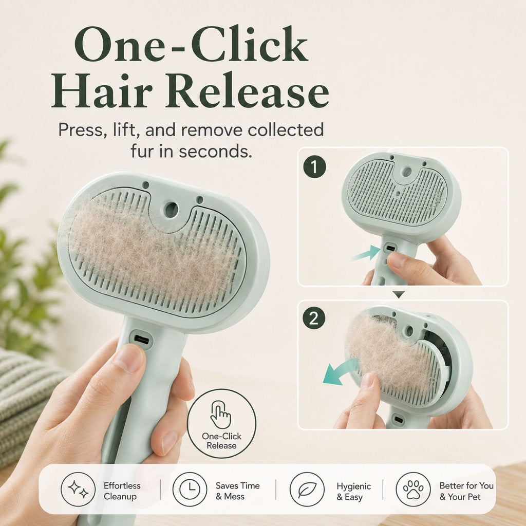 Fine-Mist Spray & One-Click Hair Release Pet Grooming Brush
