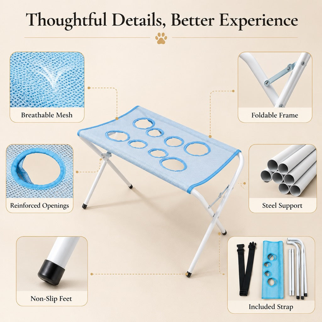 Foldable Elevated Breathable Mesh Pet Grooming Rack (Supports 44 lb)