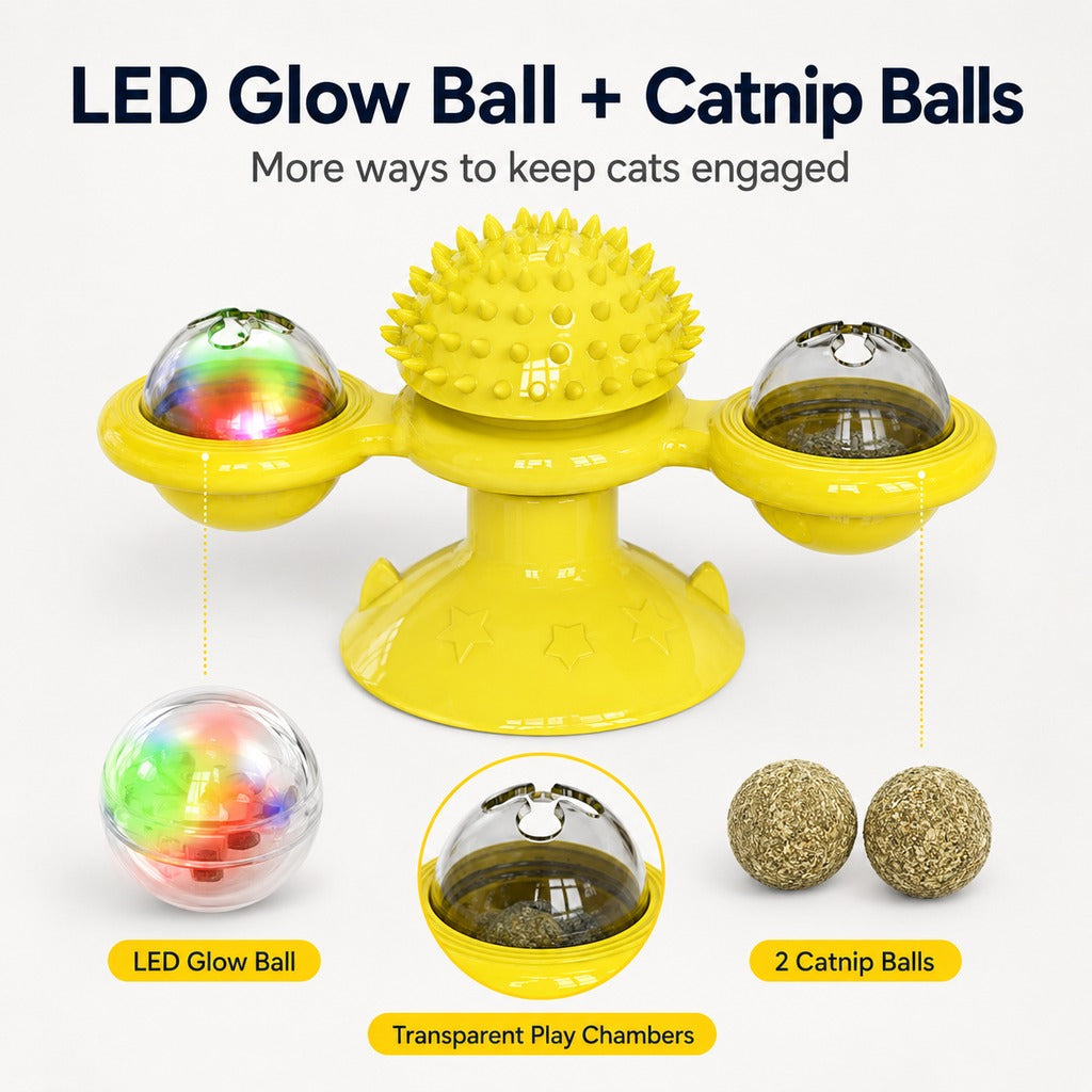 Light-Up 360° Spinning Cat Toy (Suction Cup & Catnip Balls)