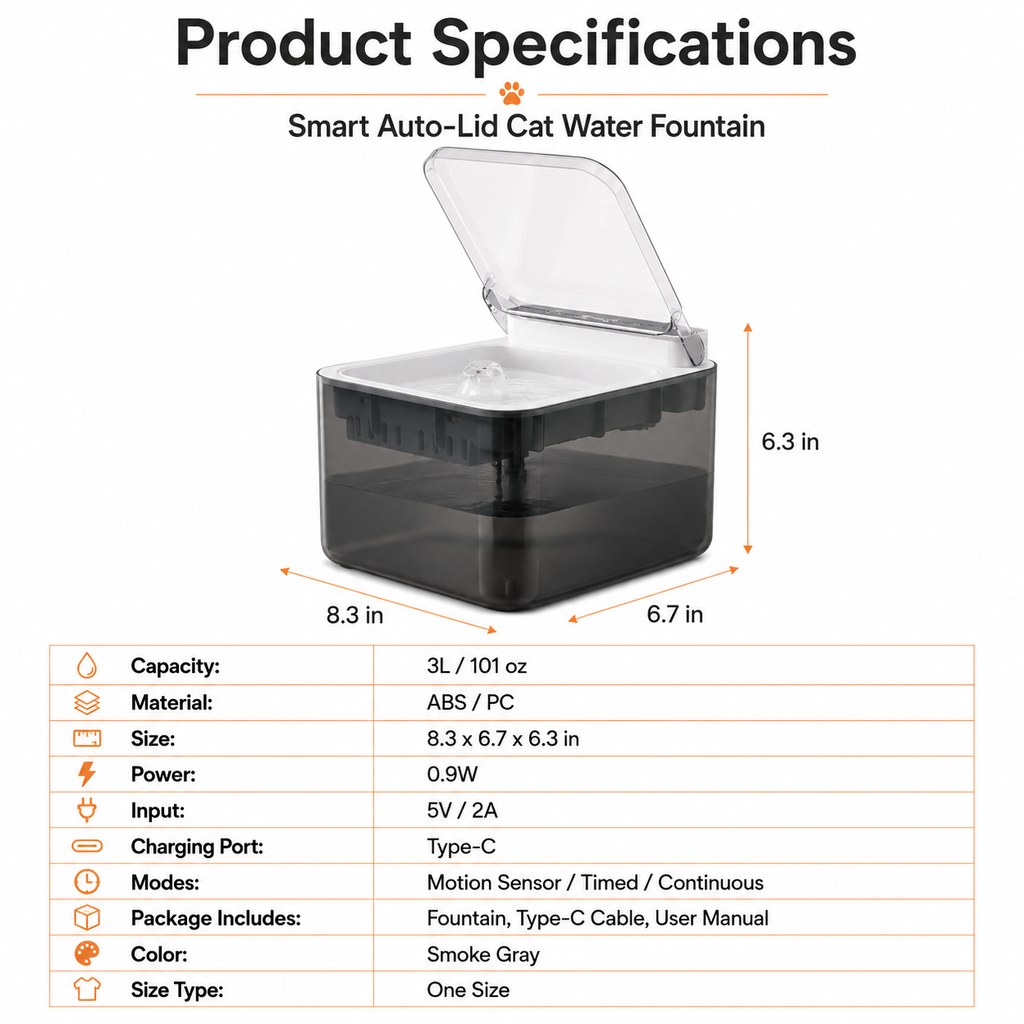 Motion-Sensing Auto-Lid 3L Rechargeable Cat Water Fountain