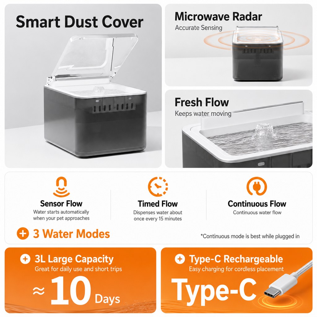 Motion-Sensing Auto-Lid 3L Rechargeable Cat Water Fountain