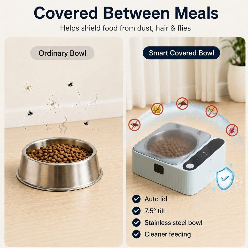 Motion-Sensing Covered Stainless Steel Cat Bowl (For Cats & Small Dogs)