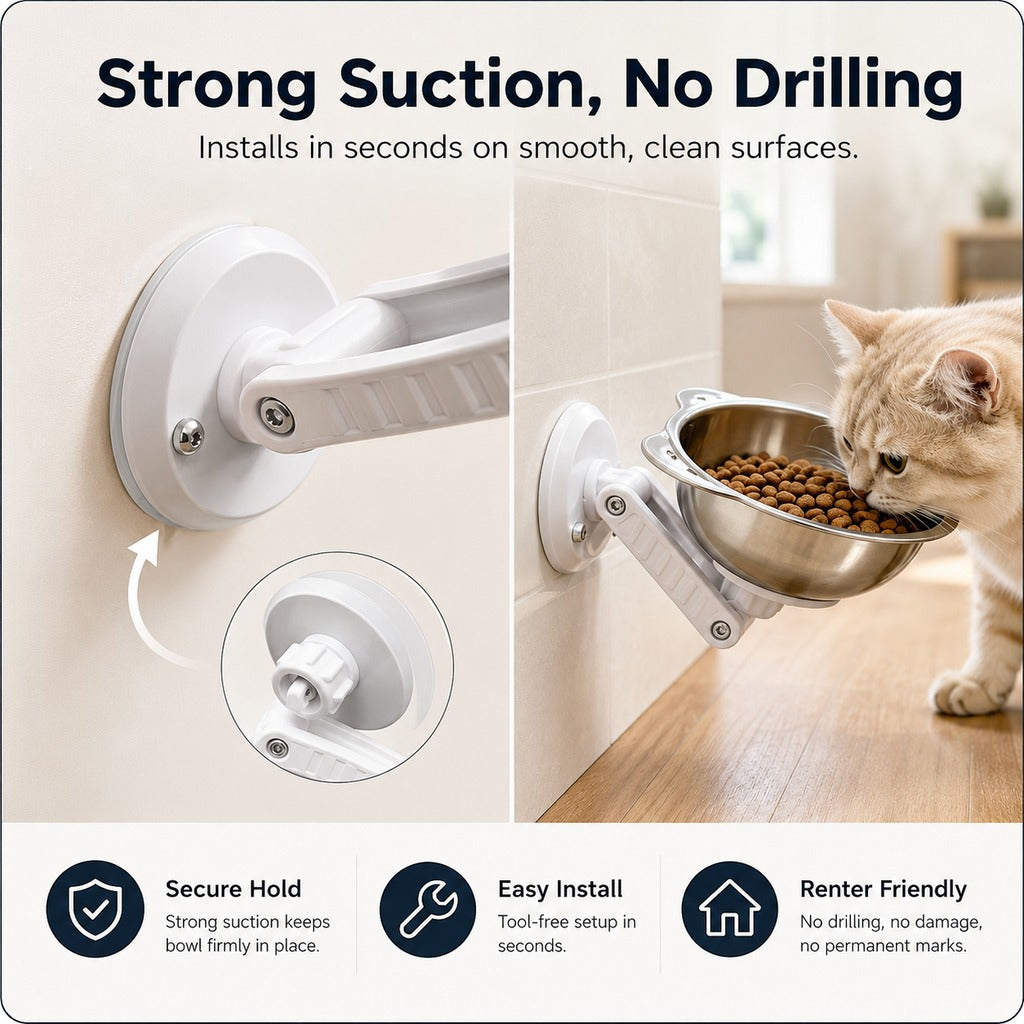 No-Drill Suction Stainless Steel Wall-Mounted Pet Bowl
