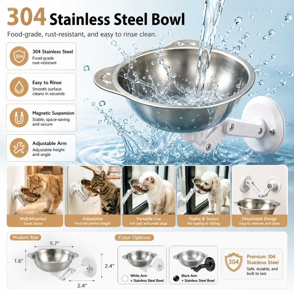 No-Drill Suction Stainless Steel Wall-Mounted Pet Bowl