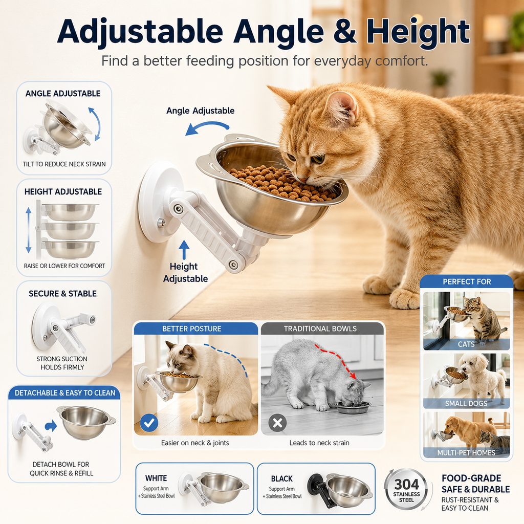 No-Drill Suction Stainless Steel Wall-Mounted Pet Bowl