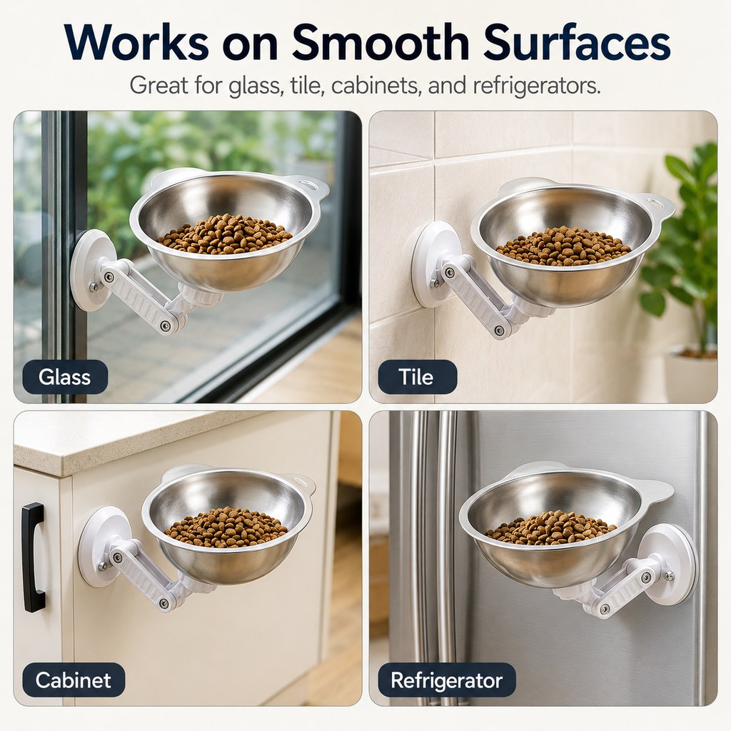 No-Drill Suction Stainless Steel Wall-Mounted Pet Bowl