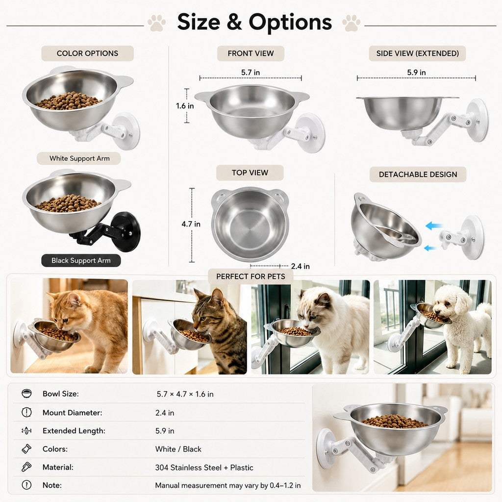 No-Drill Suction Stainless Steel Wall-Mounted Pet Bowl