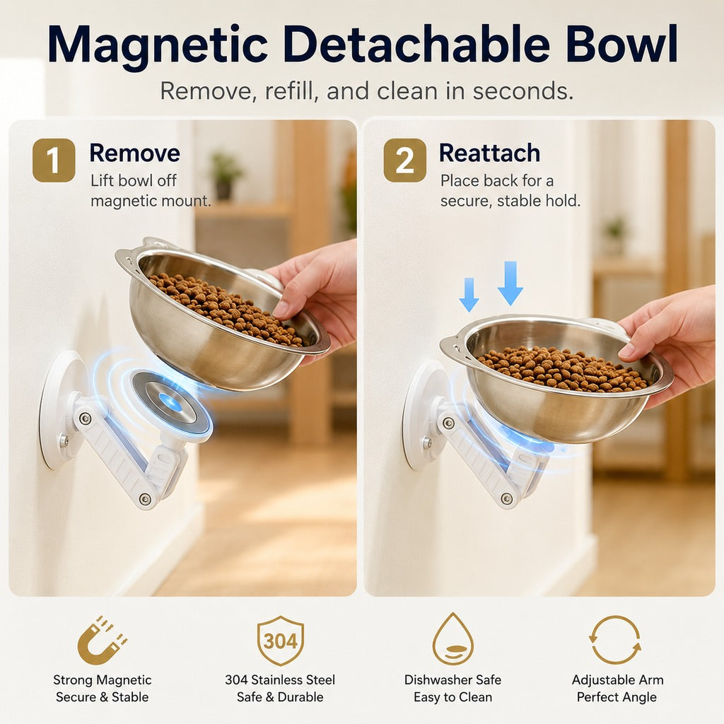 No-Drill Suction Stainless Steel Wall-Mounted Pet Bowl
