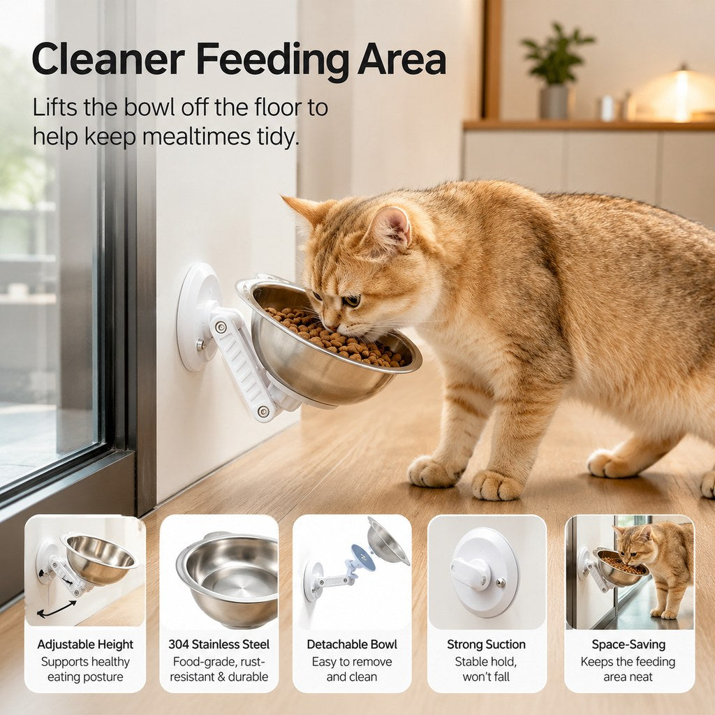 No-Drill Suction Stainless Steel Wall-Mounted Pet Bowl