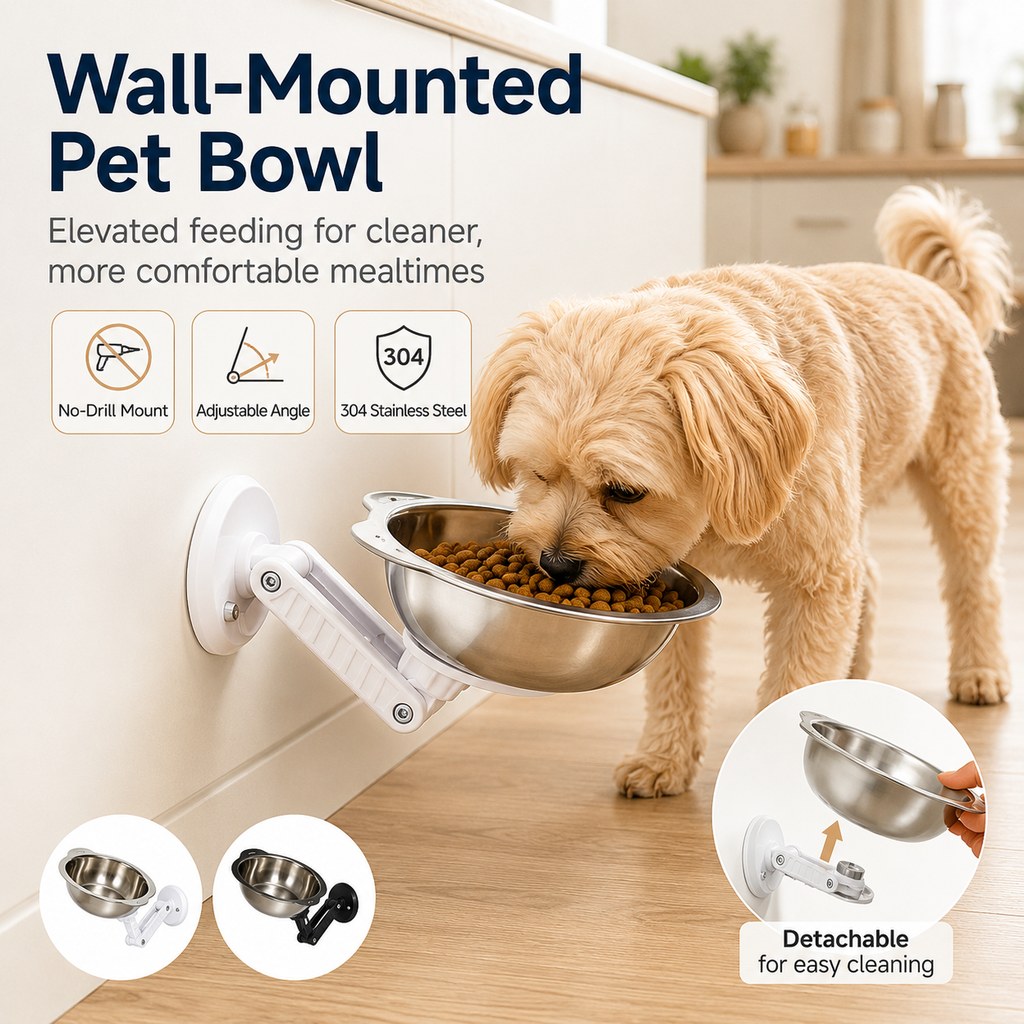 No-Drill Suction Stainless Steel Wall-Mounted Pet Bowl