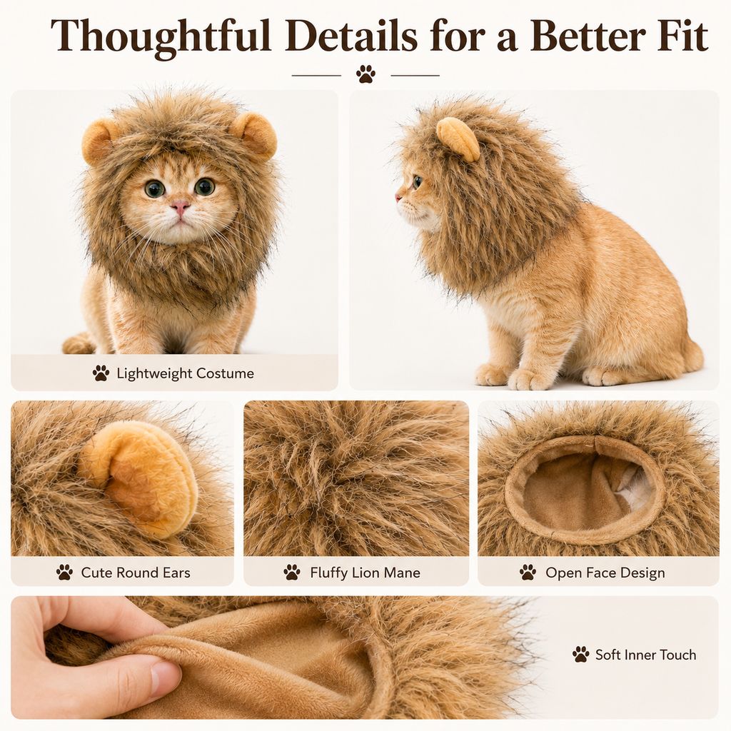 Open-Face Fluffy Faux Fur Lion Mane Headpiece (For Cats & Small Dogs)