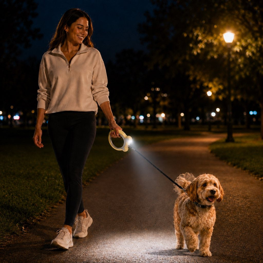 Reflective Nylon One-Touch Retractable Dog Leash (Optional LED)