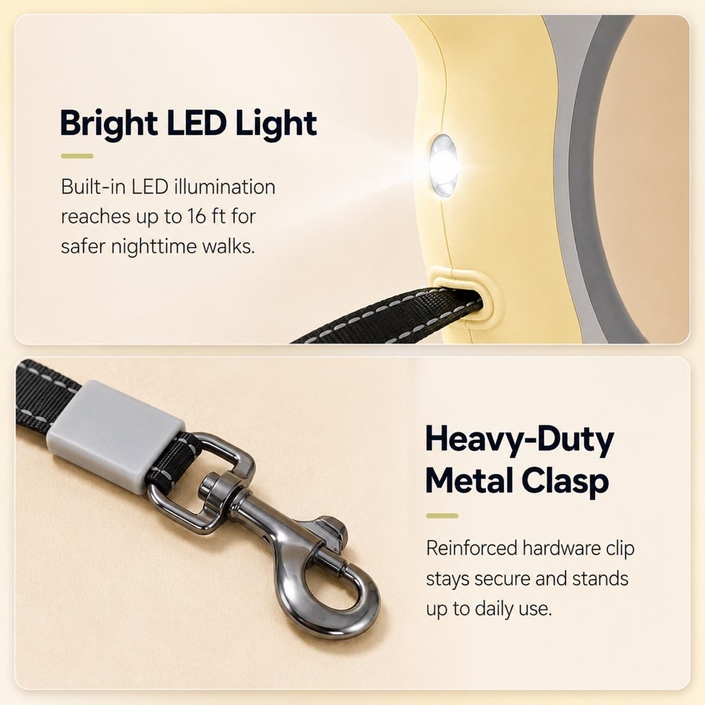 Reflective Nylon One-Touch Retractable Dog Leash (Optional LED)