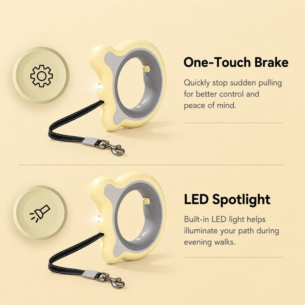 Reflective Nylon One-Touch Retractable Dog Leash (Optional LED)